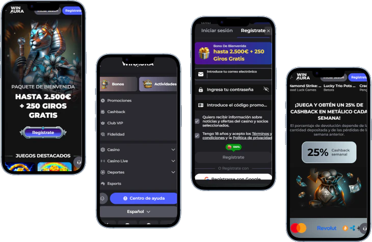 Winaura Casino versión móvil con menú, registro y cashback
